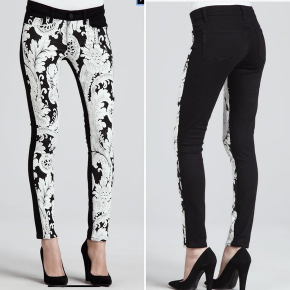 Paige Emily Needlepoint Print Black Skinny Jeans with White Lace, 26